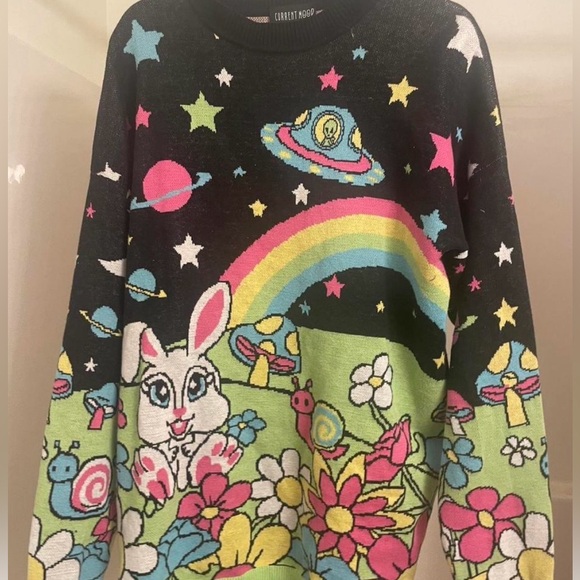 Dolls Kill Sweaters - Dolls Kill Current Mood Oversized Bunny Alien Happy Planet Intergalactic Sweater